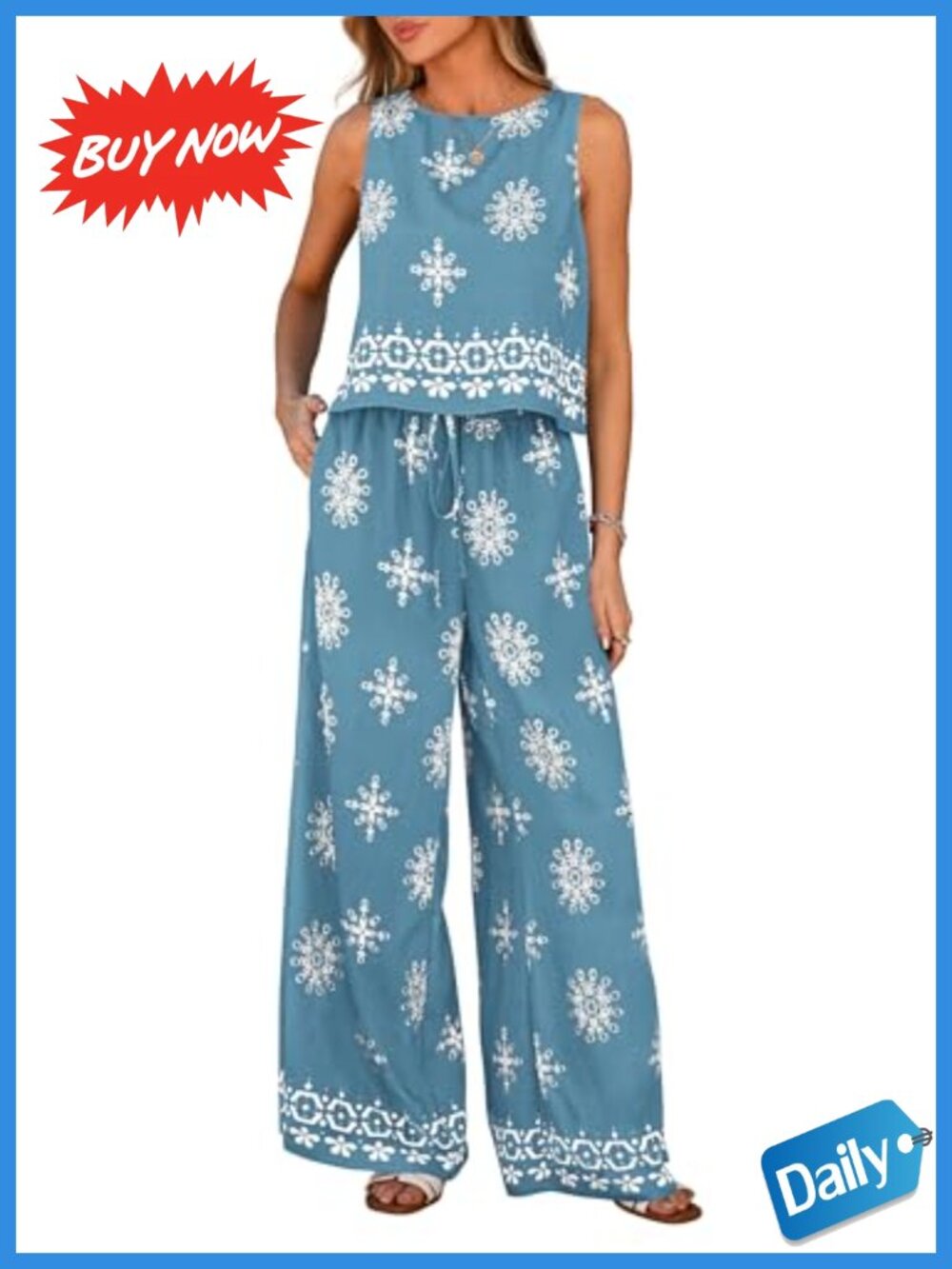 Women's Boho 2 Piece Lounge Set Sleeveless Tank Wide Leg Pants with Pockets